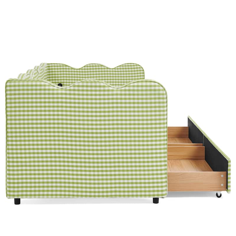 Twin Size Gingham Linen Upholstered Daybed with 2 Storage Drawers, USB Charging Station & Waved Arms