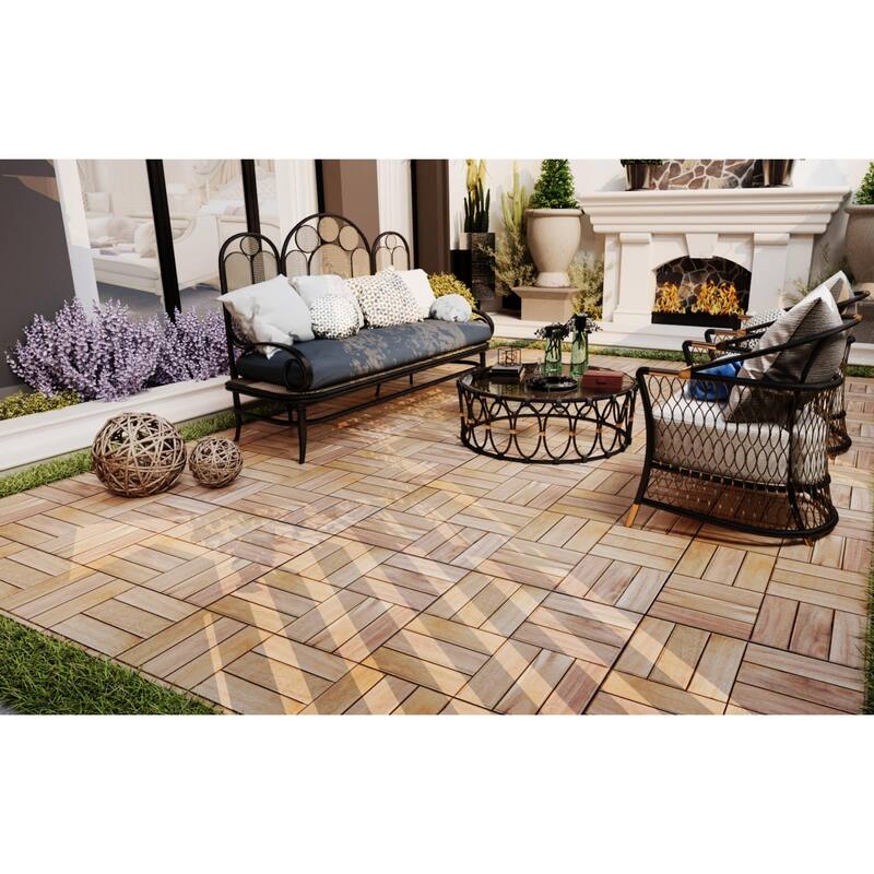 30 PCS Interlocking Deck Tiles Checker Pattern, 12" x 12" Square Acacia Hardwood Outdoor Flooring for Patio,Bancony,Pool Side