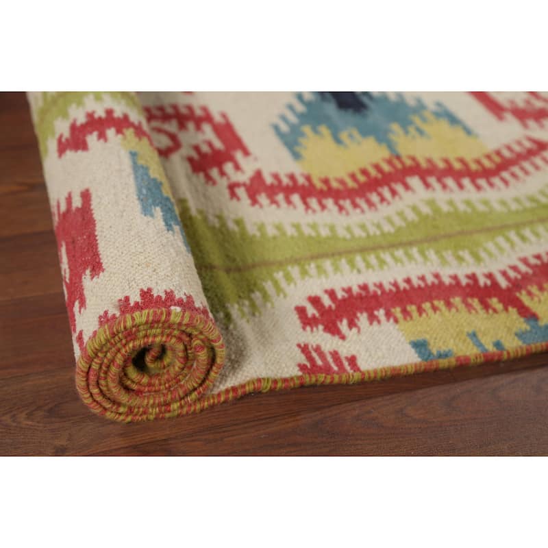 Hand-Woven Green Kilim Oriental Area Rug Handmade Wool Carpet - 4'10"x 7'11"