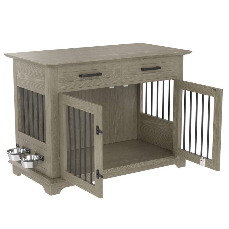 2 Doors Decorative Pet Cage Dog House with 2 Storage Drawers and Rotating Bowls, Wooden Large Dog Crate Furniture