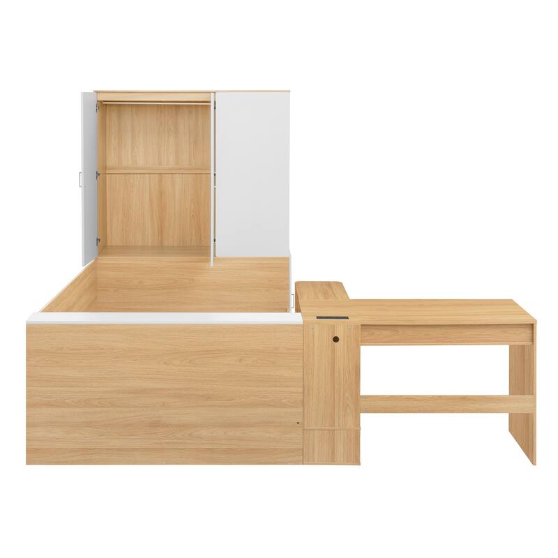 Versatile Storage Bed Frame with 6 Drawers, Shelves, Wardrobe and Side Storage, Full Size Wooden Platform Bed with L Shaped Desk