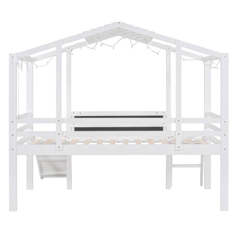 Twin Size Loft Bed with Ladder and Slid, House Bed Frame with Blackboard and Light Strip, Space-Saving Bed No Box Spring Needed