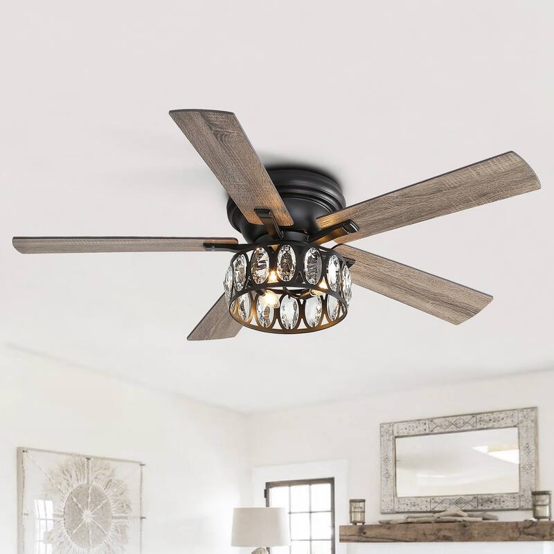 52" 5-Blade Flush Mount Ceiling Fan with Crystal Light Remote Control - 52 Inch