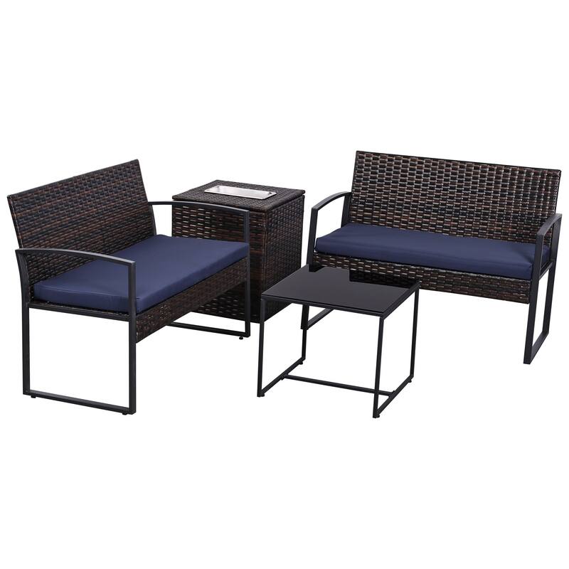 4-Piece Wicker Outdoor Sofa Set, 2 Loveseats, 1 Table, 1 Ice Bucket