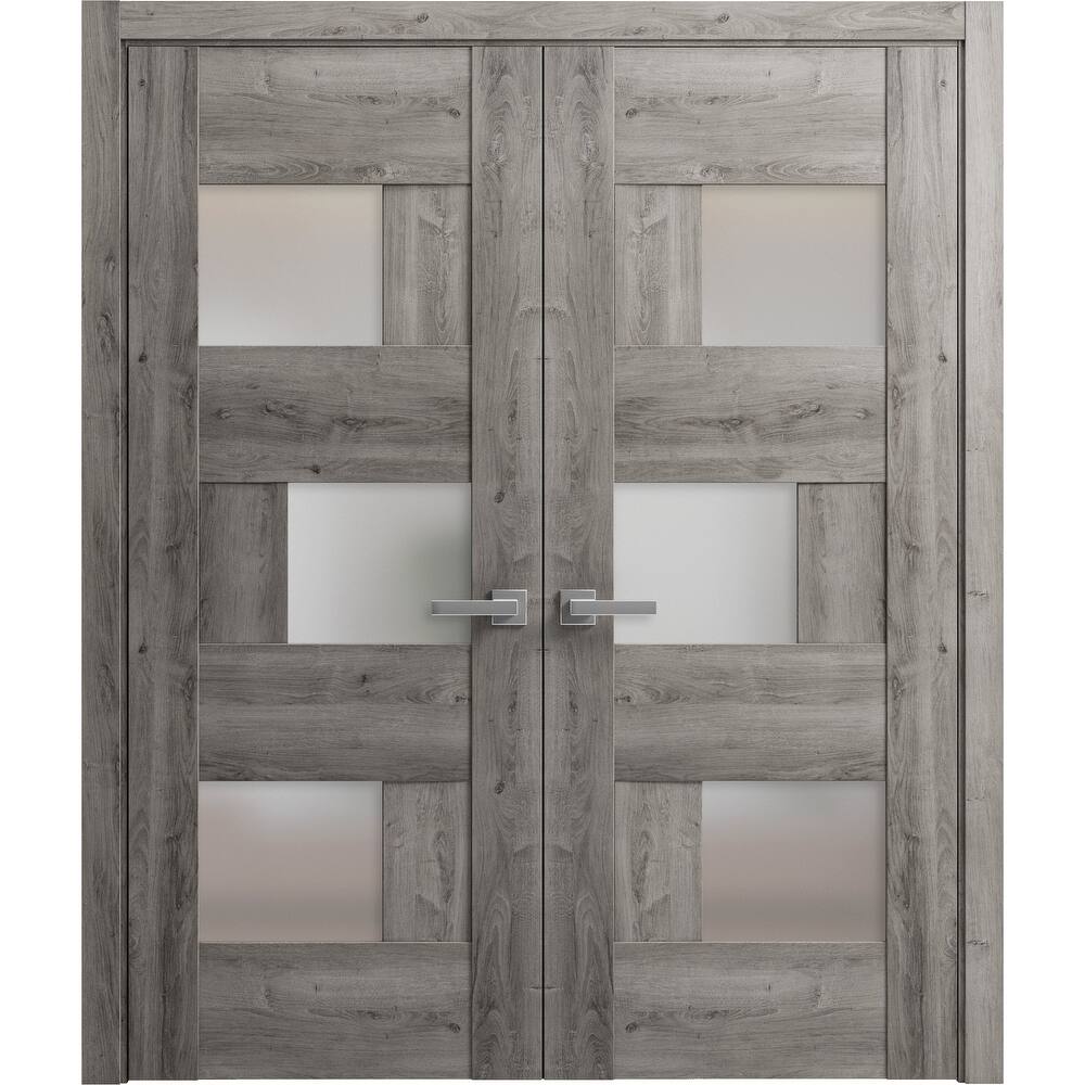 Solid French Double Doors 36 x 80 inches | Sete 6933 Nebraska Grey with Frosted Glass