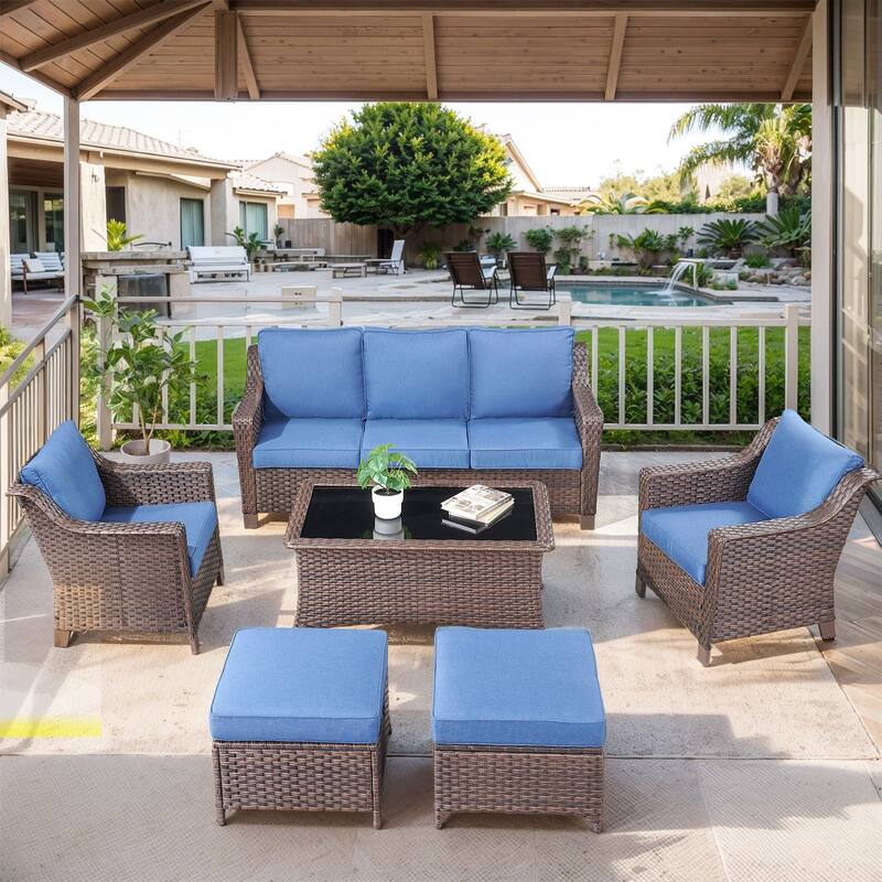 Pocassy Outside Sofa with Swivel Chair Set - Brown Wicker / Blue Cushion - 6-Piece Sofa Patio Chair with Ottoman