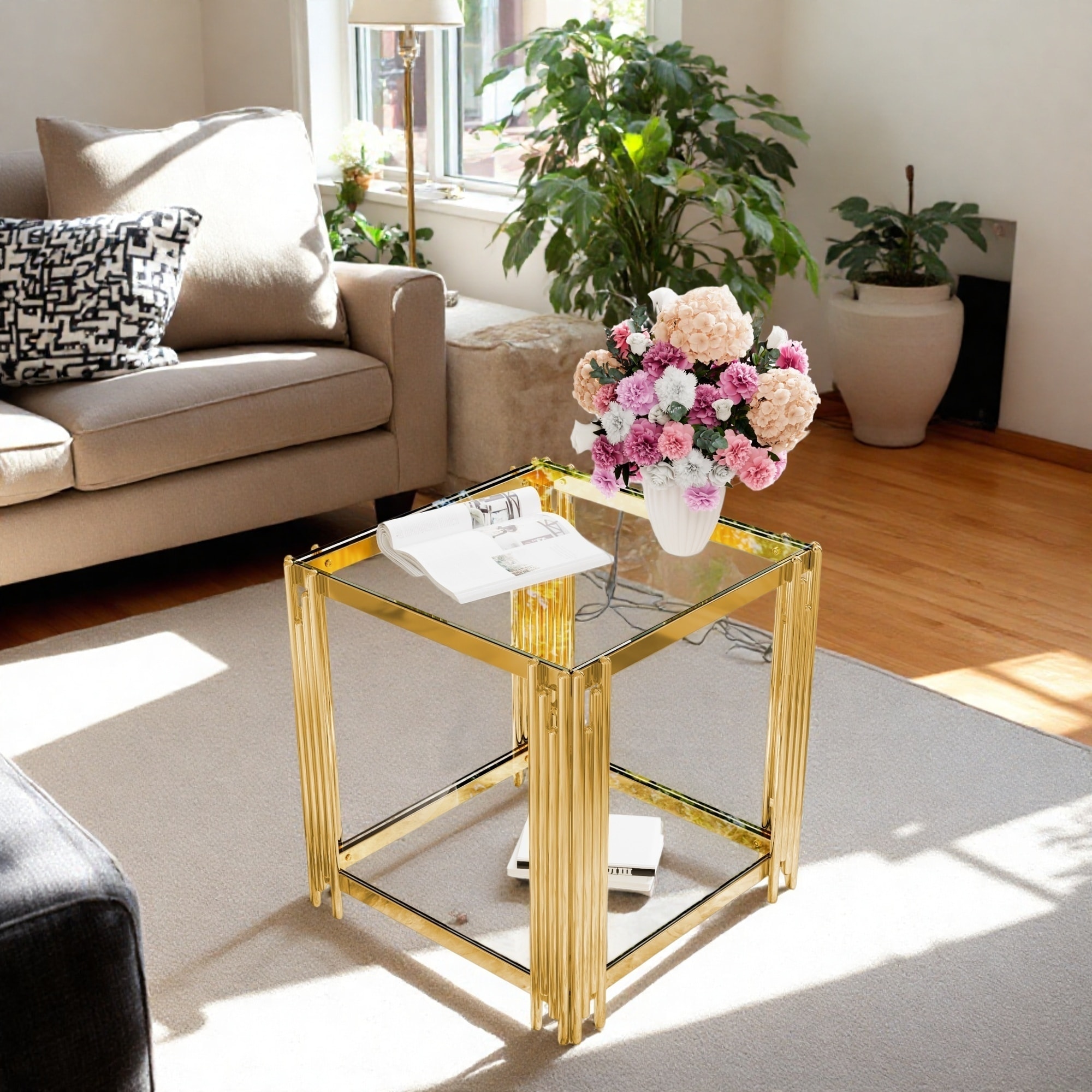 19.9" Modern Square End Table with Lower Shelf, Transparent Glass Tabletop and Gold-Finished Metal Base