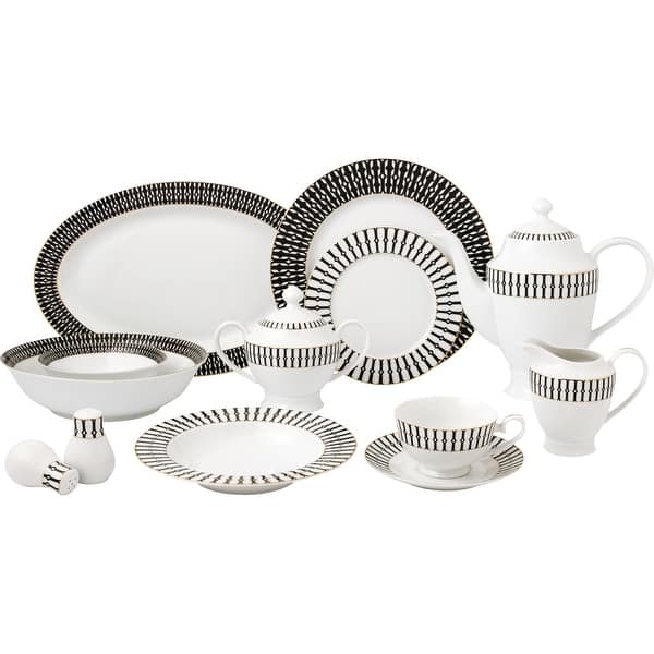 slide 2 of 8, 57 Piece Black and White Dinnerware Set-New Bone China Service for 8 People