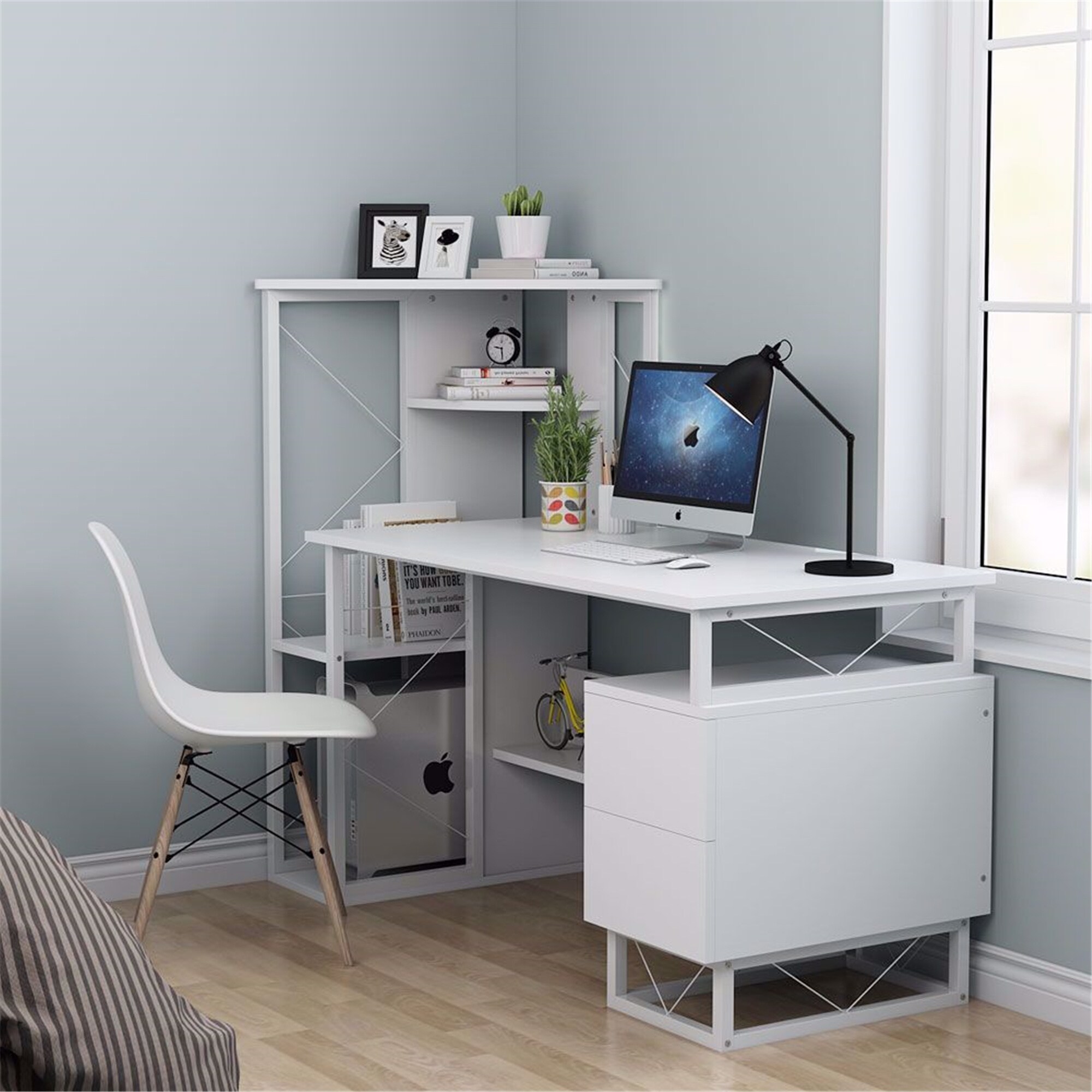 Home Office 57'' Computer Study Desk with Corner Tower Shelves and Two Drawers 