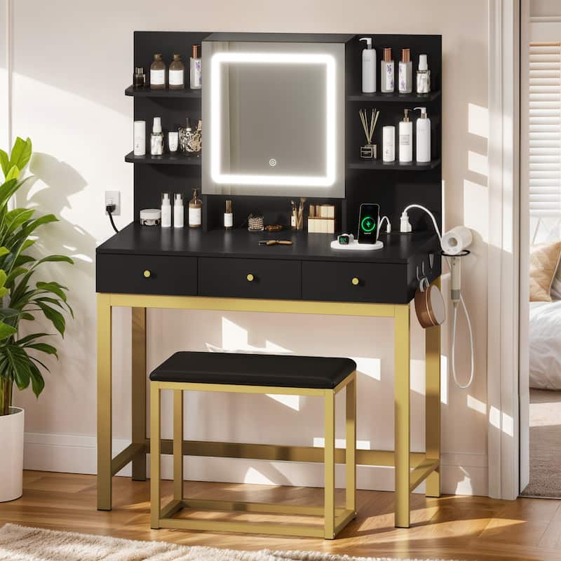 39"W Makeup Vanity Set with Lighted Mirror & Hidden Storage - Black