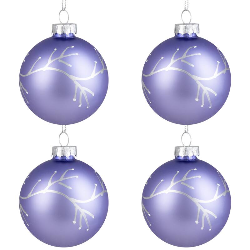 4Ct Matte Purple Glass Ball Christmas Ornaments Branch Design 2.5"