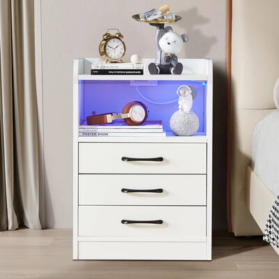 LED Nightstand with 3 Drawers, Bedside End Table with Charging Station, USB Ports and Outlets LED Light Strips for room