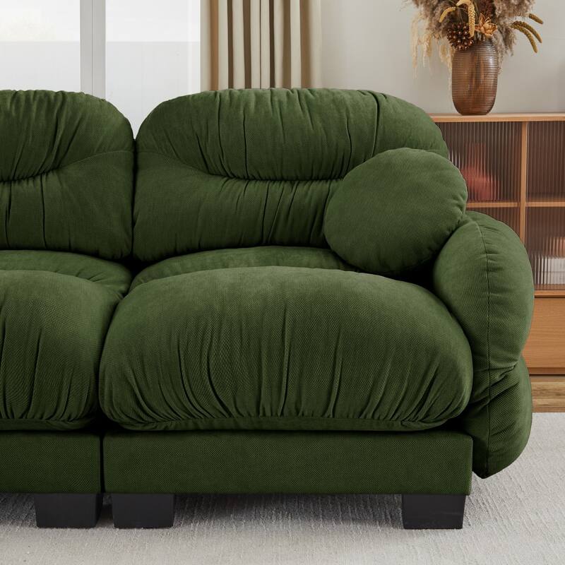 116" Chenille Pleated Design Sectional Sofa with Ottoman and 2 Round Pillows