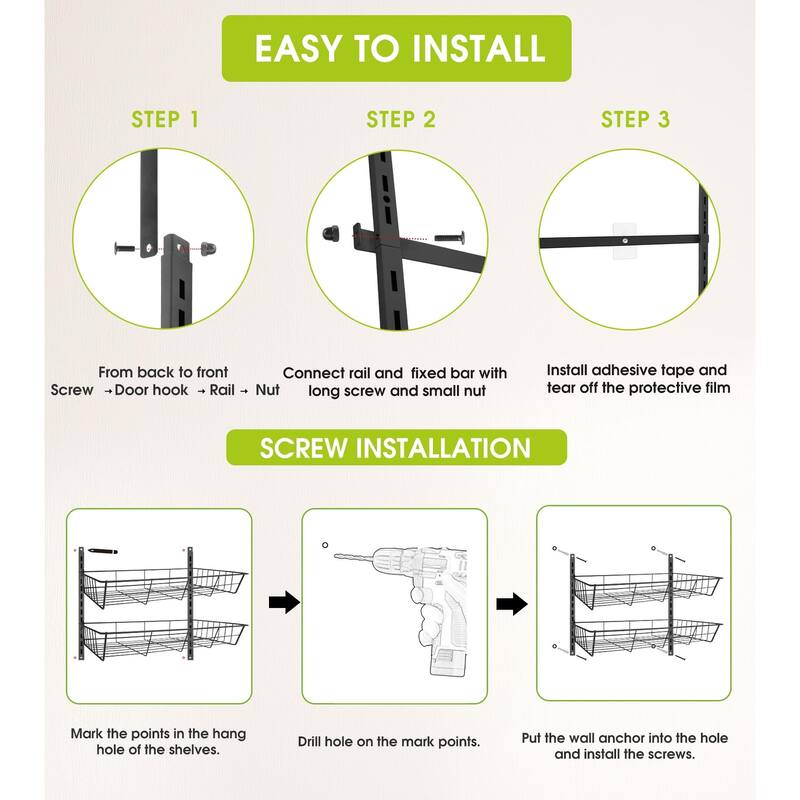 Over The Door Pantry Organizer,Wall Mount Spice Rack, Pantry Hanging Storage ,6 Adjustable Baskets Heavy-Duty Metal,