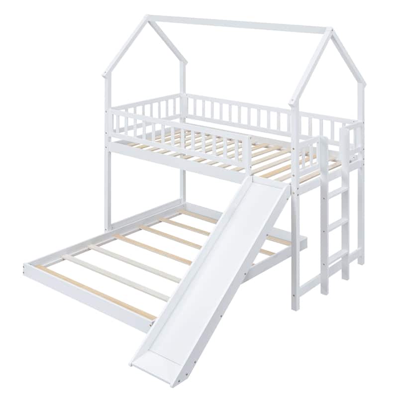 Twin Over Full Bunk Bed with Slide, House Roof Design, Built-in Ladder, Full-Length Guardrails, Pine Wood Construction