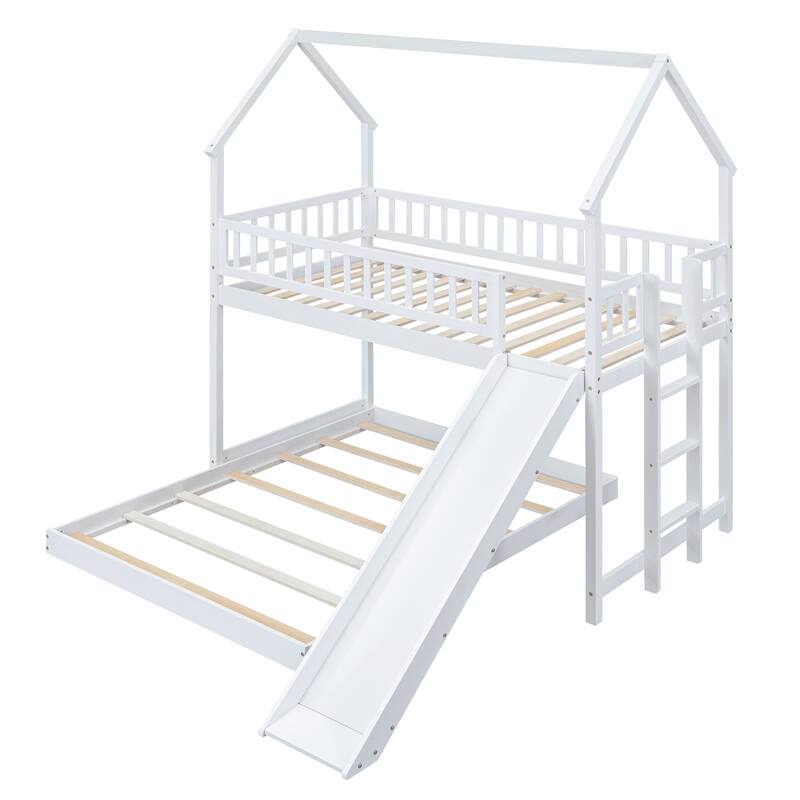 Twin Over Full LShape Bunk Bed with Slide, Guardrail & Side Ladder
