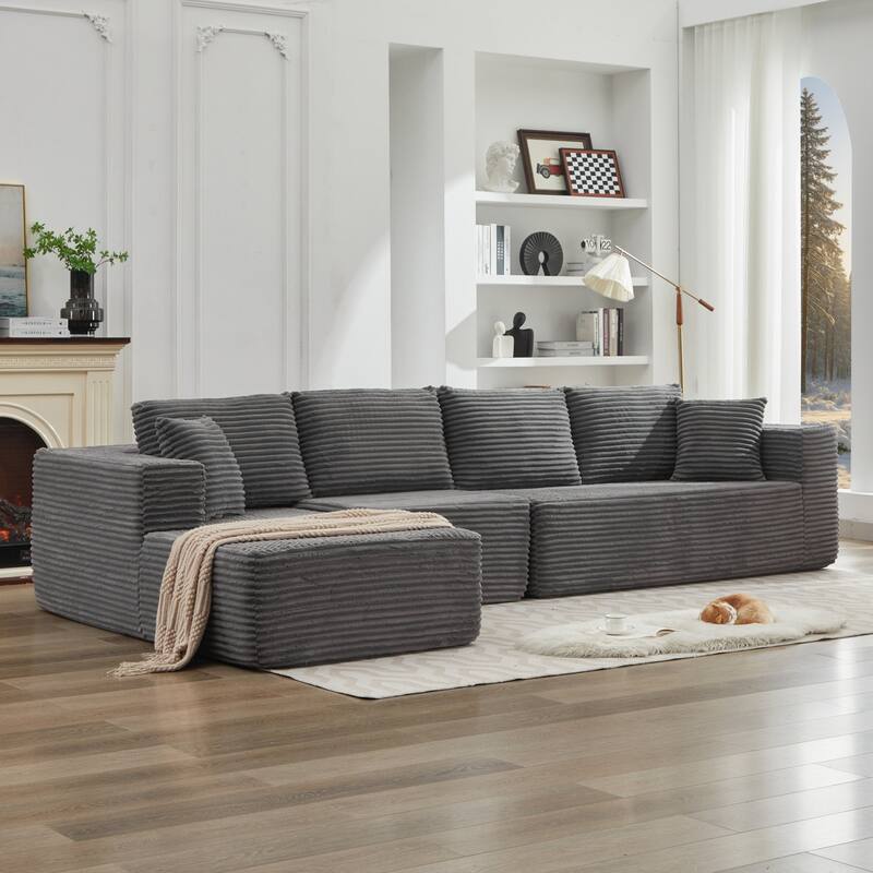 Modular Sectional Sofa with L-Shape Chaise, Oversized Corduroy Upholstered Cloud Sofa, Deep Seat Sofa with 2 Throw Pillows