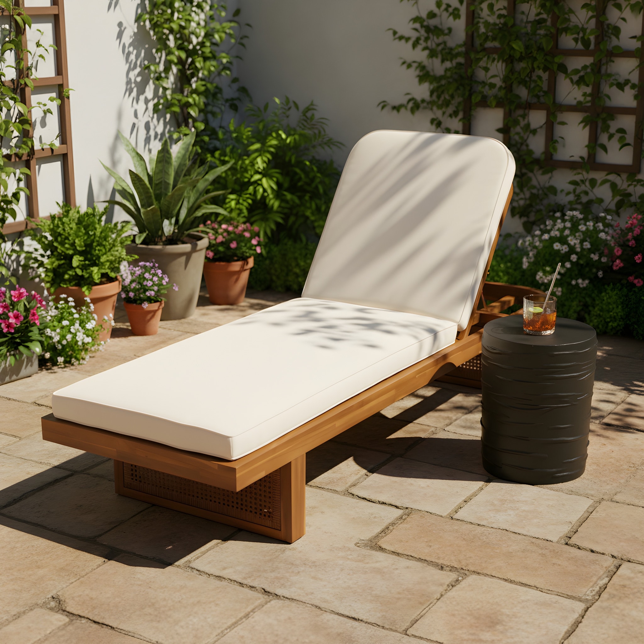 Christopher Knight Home - Modern Outdoor Wooden Lounge Chair with PE Rattan and White Cushion with Side Table
