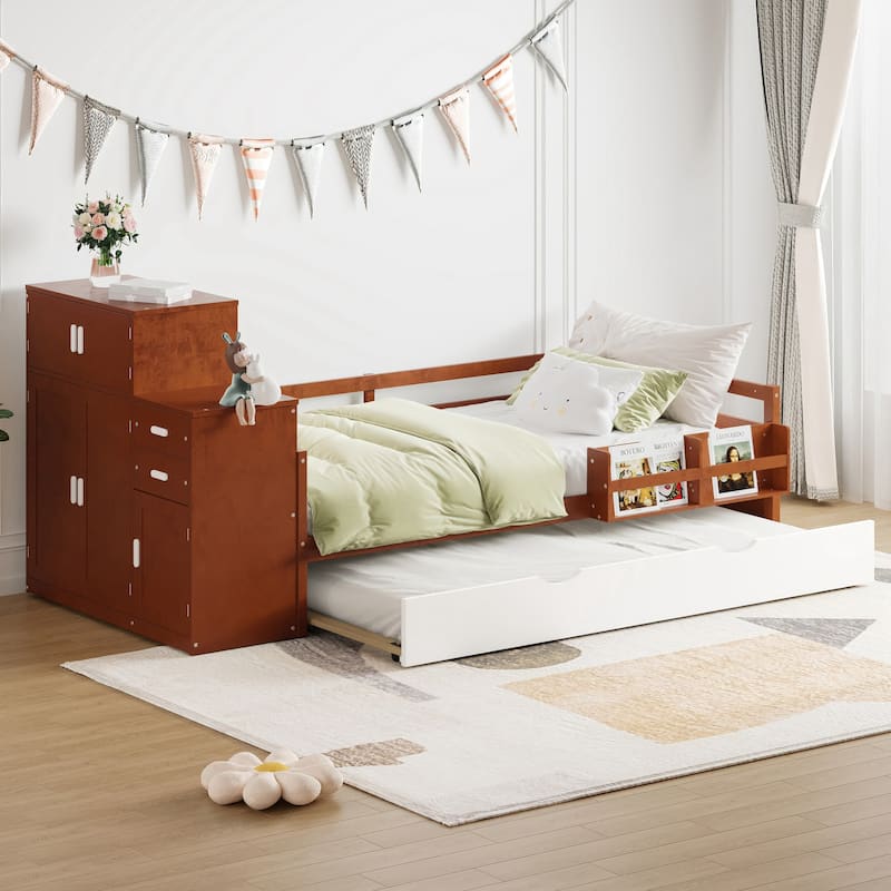 Twin Size Wood Platform Bed with Sample Bookshelf and Movable Wardrobe, Multifunctional Bed with Built-in Trundle Bed