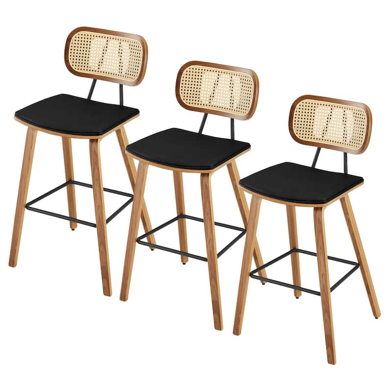 26-inch Wood Counter Height Bar Stools with Rattan Back - Set of 3 - Black PU-natural frame