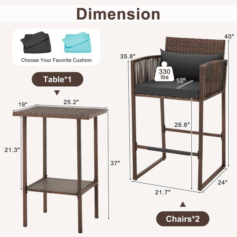 AVAWING 3PCS Patio Wicker Bar Set with Extra Cushion Cover
