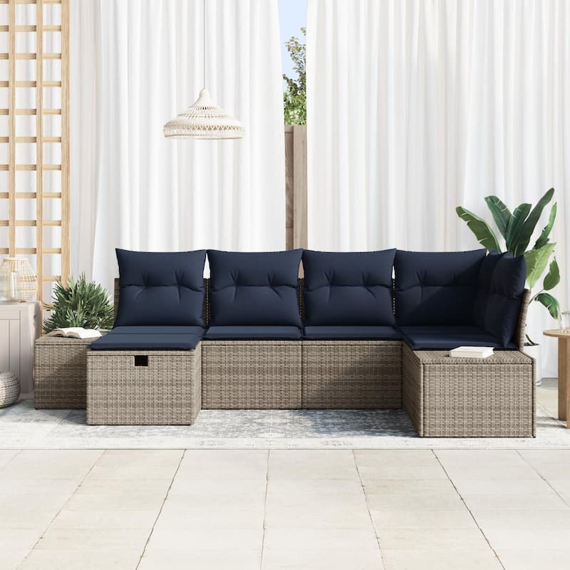 vidaXL 6/7 Garden Sofa Set with Cushions Black/Brown/Grey Poly Rattan - 103.9 x 60.6 x 27.2
