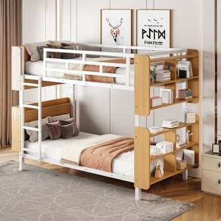 Twin Over Twin / Full Over Full Size Metal Detachable Bunk Bed with Ladder and Storage Shelf, Platform Bed Frame Set of 2