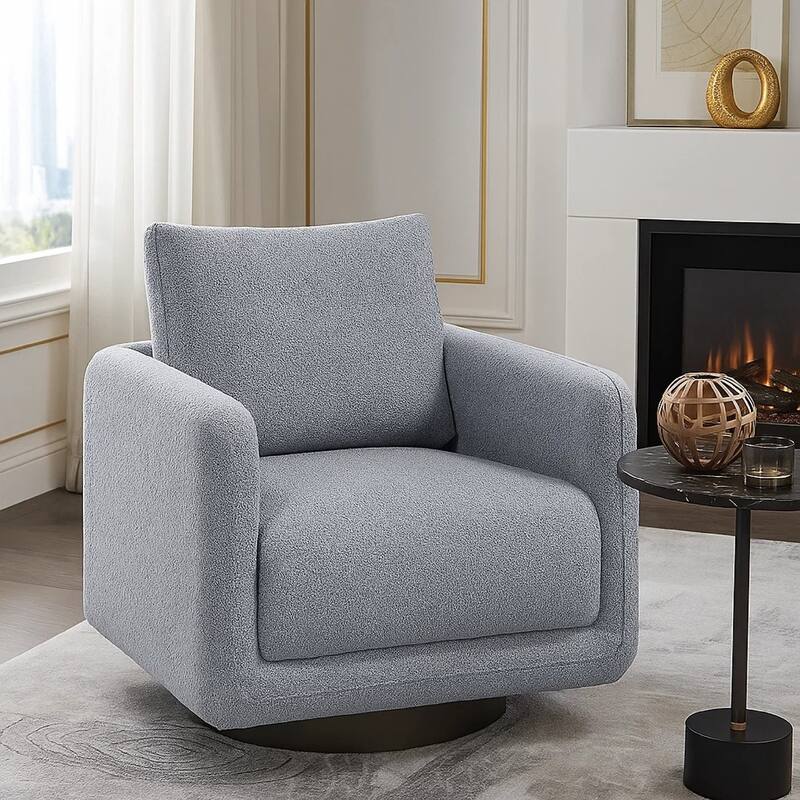 Wade Swivel Armchair with 360 Rotation and Square Frame, Gray Boucle