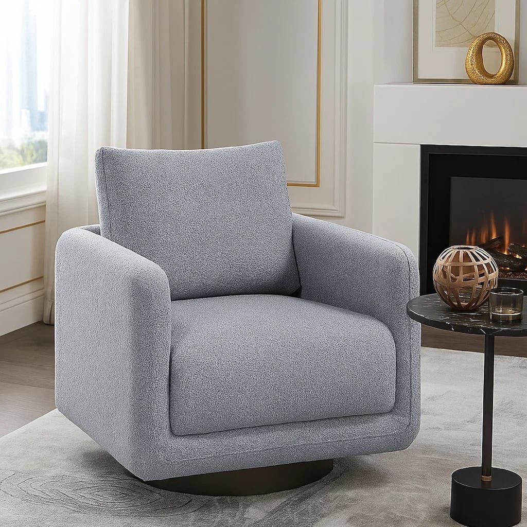 Wade Swivel Armchair with 360 Rotation and Square Frame, Gray Boucle