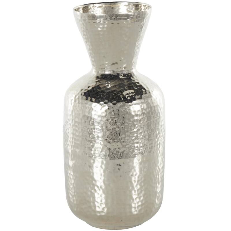 Silver Aluminum Metal Hammered Decorative Vase with Cone Shaped Opening