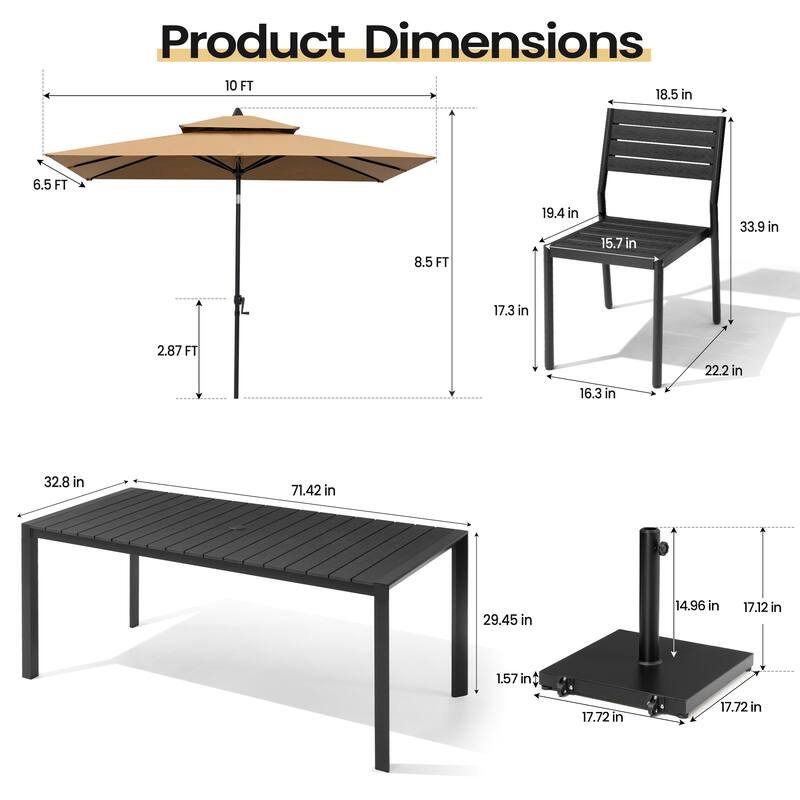 9-Piece Outdoor Patio Dining Set Wood Like Aluminum Umbrella Hole Table with Stackable Chairs, Market Umbrella and Wheel Base