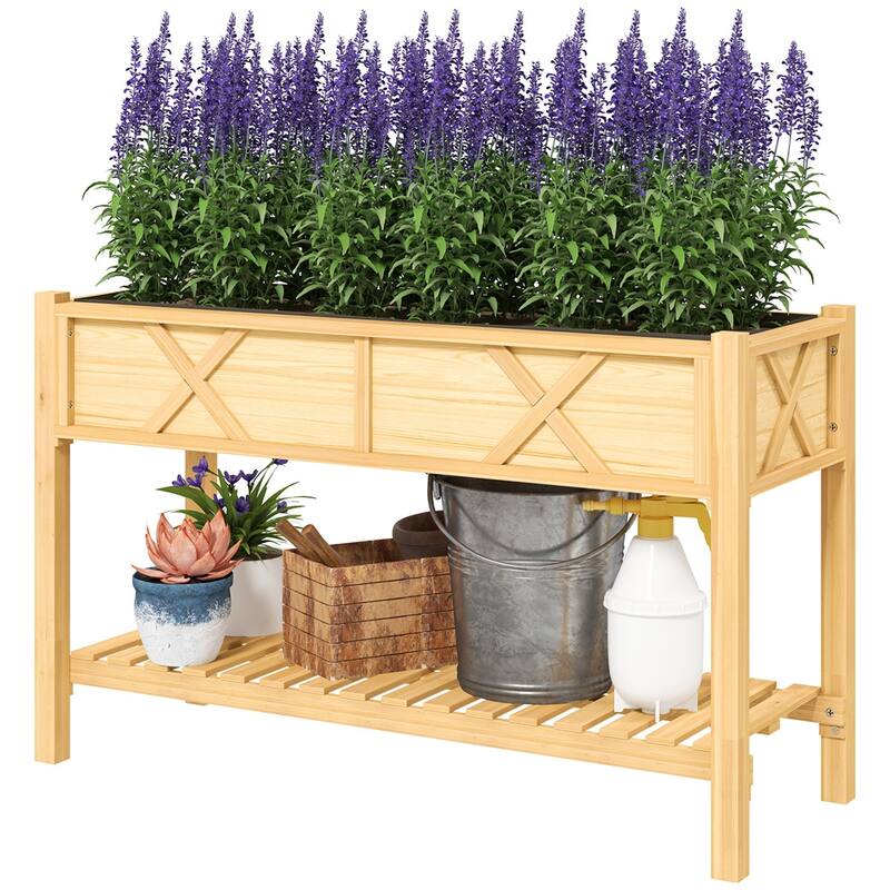 Wood 2-Tier Raised Planter with Shelf for Easy Gardening - 47.2" W x 21.7" D x 31.5" H - Natural Wood
