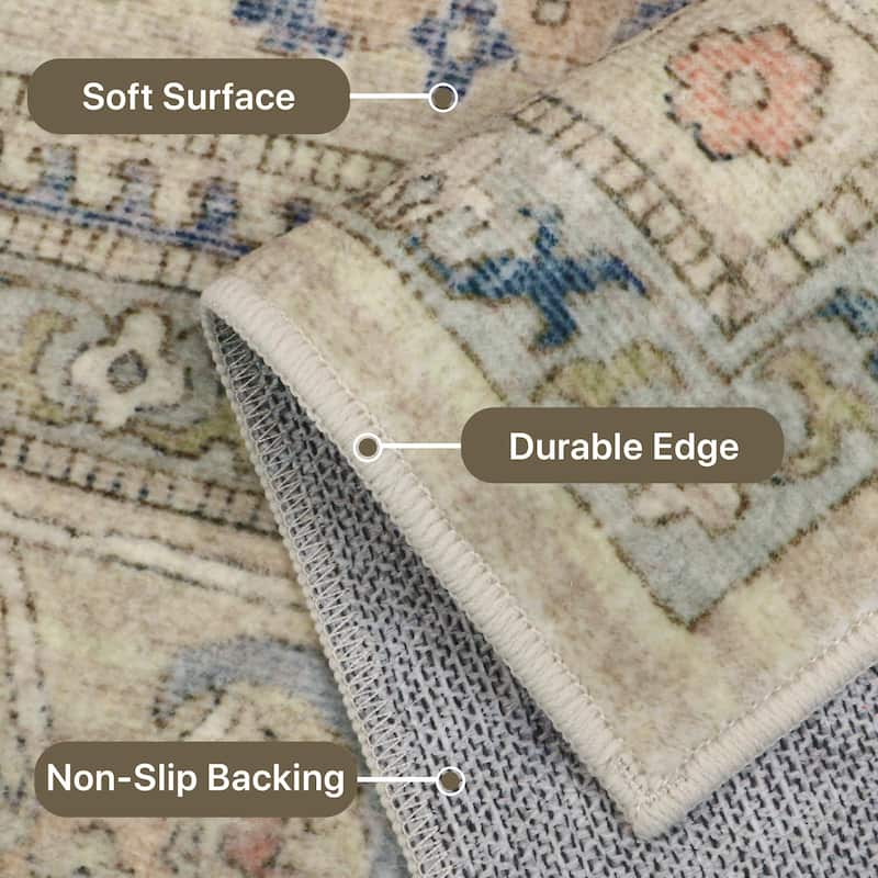 Mcow Faded Floral Vintage Collection Low-Pile Machine-Washable Area Rug