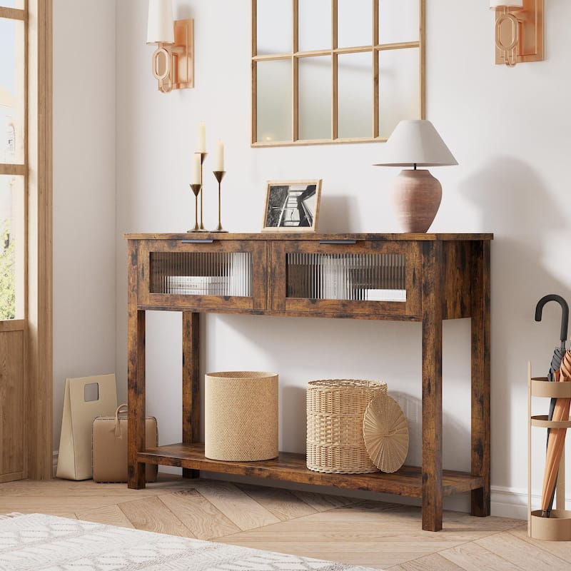 Farmhouse Console Table with 2 Glass Drawers & Shelf