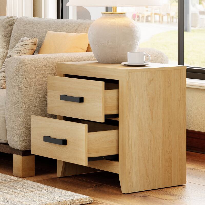 WAMPAT Farmhouse Nightstand with Dual Drawers - Rustic Brown