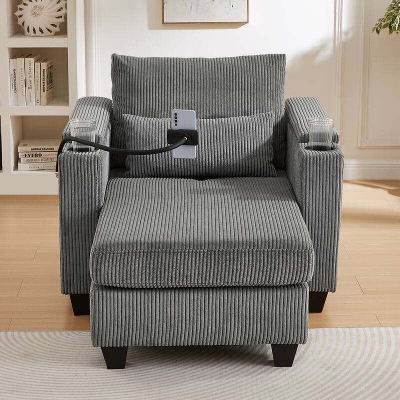 Convertible Chaise Lounge 37.4" Sofa Chair Sofa Bed Corduroy Sleeper Sofa with USB Ports, Two Cup Holders