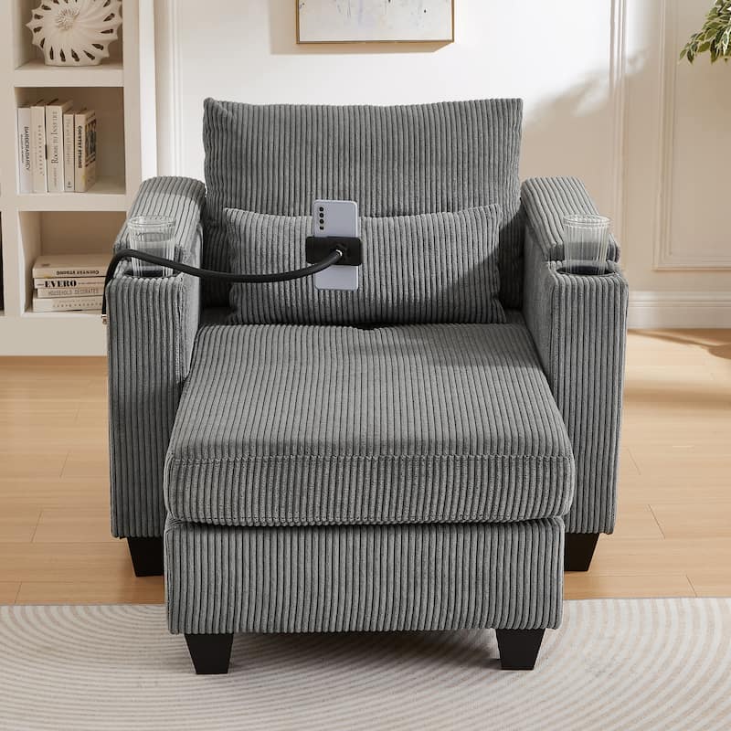 Convertible Chaise Lounge Sofa Chair with USB Ports, Storage 37.4" Corduroy Sleeper Sofa Bed with Adjustable Backrest