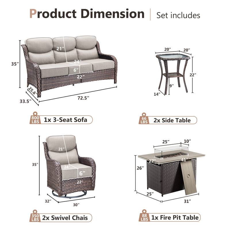 Pocassy 5PCS Outdoor 6Inch Sofa Swivel Chair Table w/ Fire Table