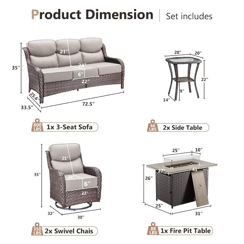 Pocassy Outdoor 6 Inch Sofa Chair Ottoman with Fire Pit Table Set