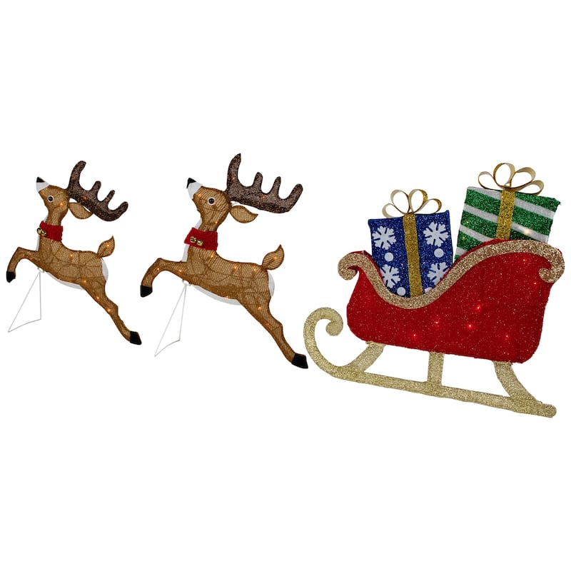Set of 3 Lighted Reindeer Sleigh Outdoor Christmas Decoration 25.25" - Brown