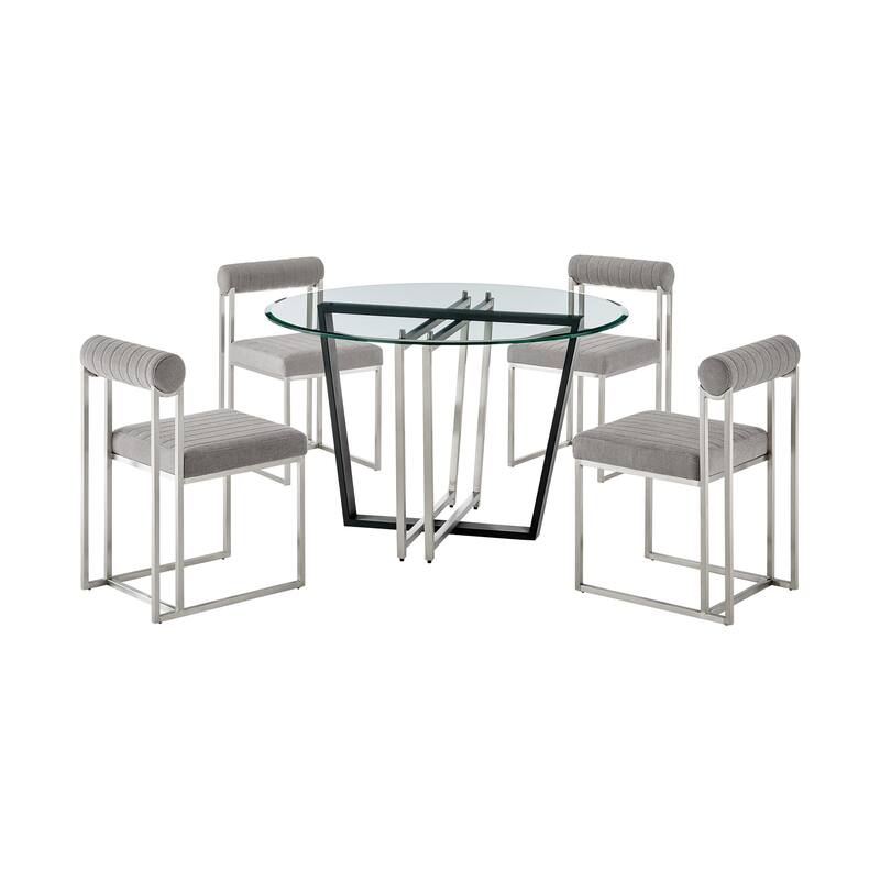 Devi Anastasia 5 Piece Round Glass Dining Table Set with Metal Frame and Upholstered Chairs
