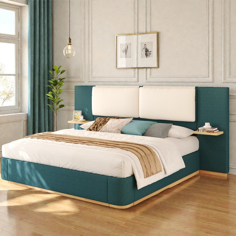 Upholstered Platform Bed Frame with Side Storage Panels, Soft Rounded Corners, Cushioned Headboard & No Box Spring Needed