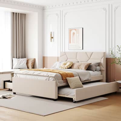 Full/Queen Size Linen Upholstered Bed with Twin Trundle, Storage Drawers & Brick Pattern Headboard