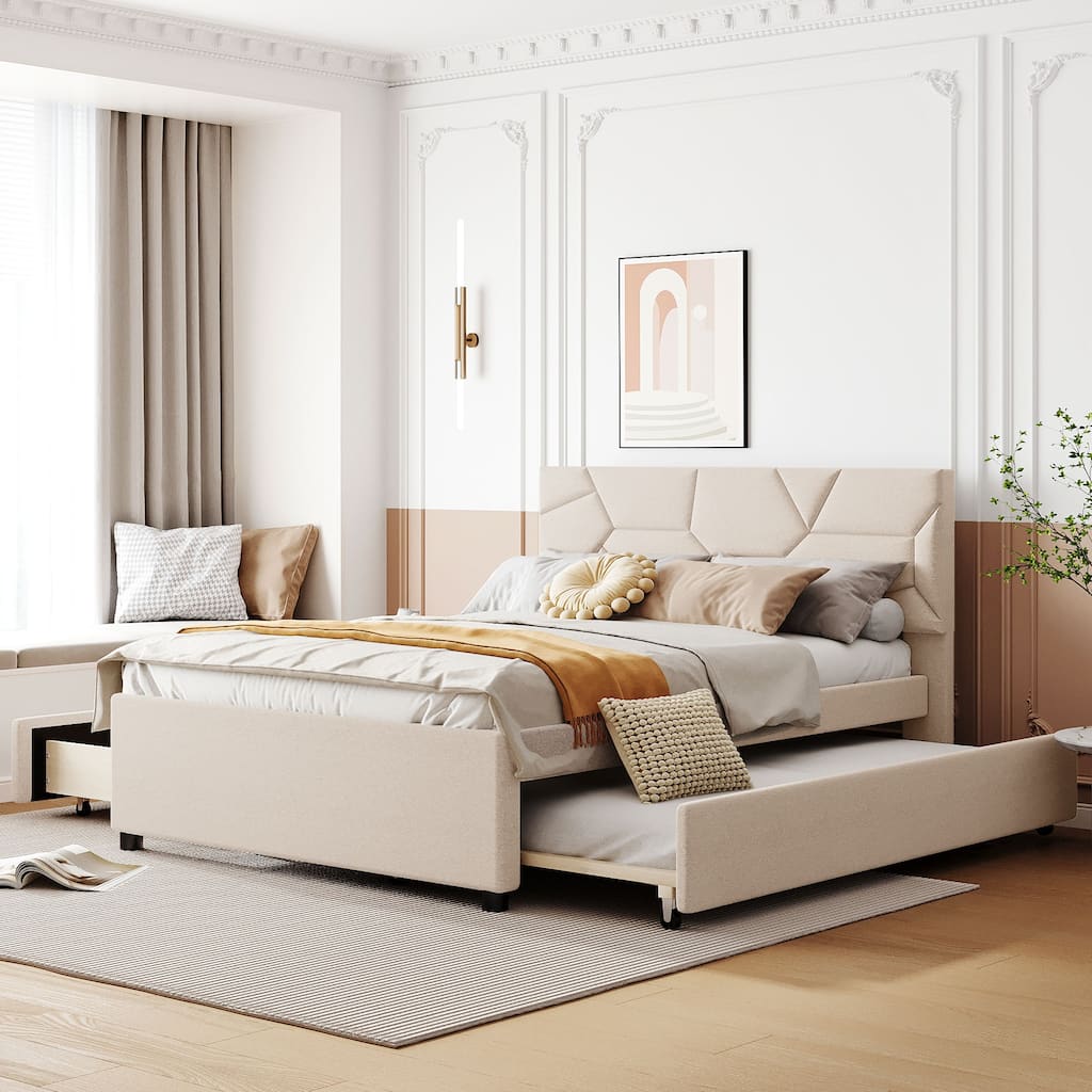 Queen/Full Upholstered Platform Bed with Twin Trundle, 2 Drawers, and Brick Headboard, No Box Spring Needed