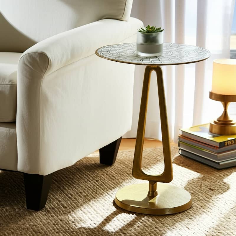 Metal Accent Table Modern Coastal Engraved Top Design - 20" White - 16" x 16" x 20"