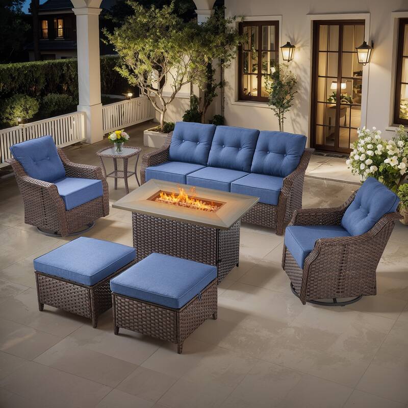 Gymojoy Wicker Patio Furniture Sofa Set with Fire Pit Table, 6-Inch Ultra Thick Cushioned 360° Swivel Glider Chairs - Brown Wicker / Blue Cusion - 7-Piece with Ottomans