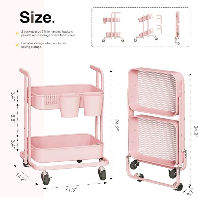 2 Tier Foldable Rolling Cart - 17.3"D x 18.3"W x 24.2"H