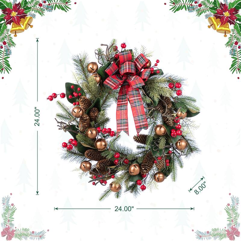 Glitzhome Christmas Bell Pinecone & Berry Bow Wreath Teardrop Garland Wall Decor
