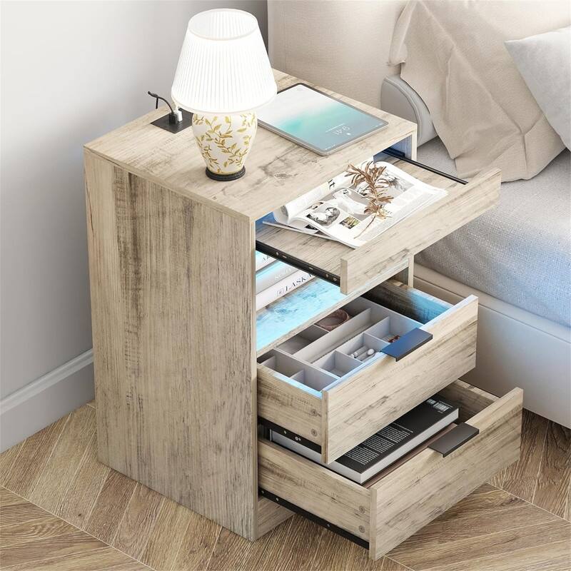Bedside Table with Charging Station - Greige