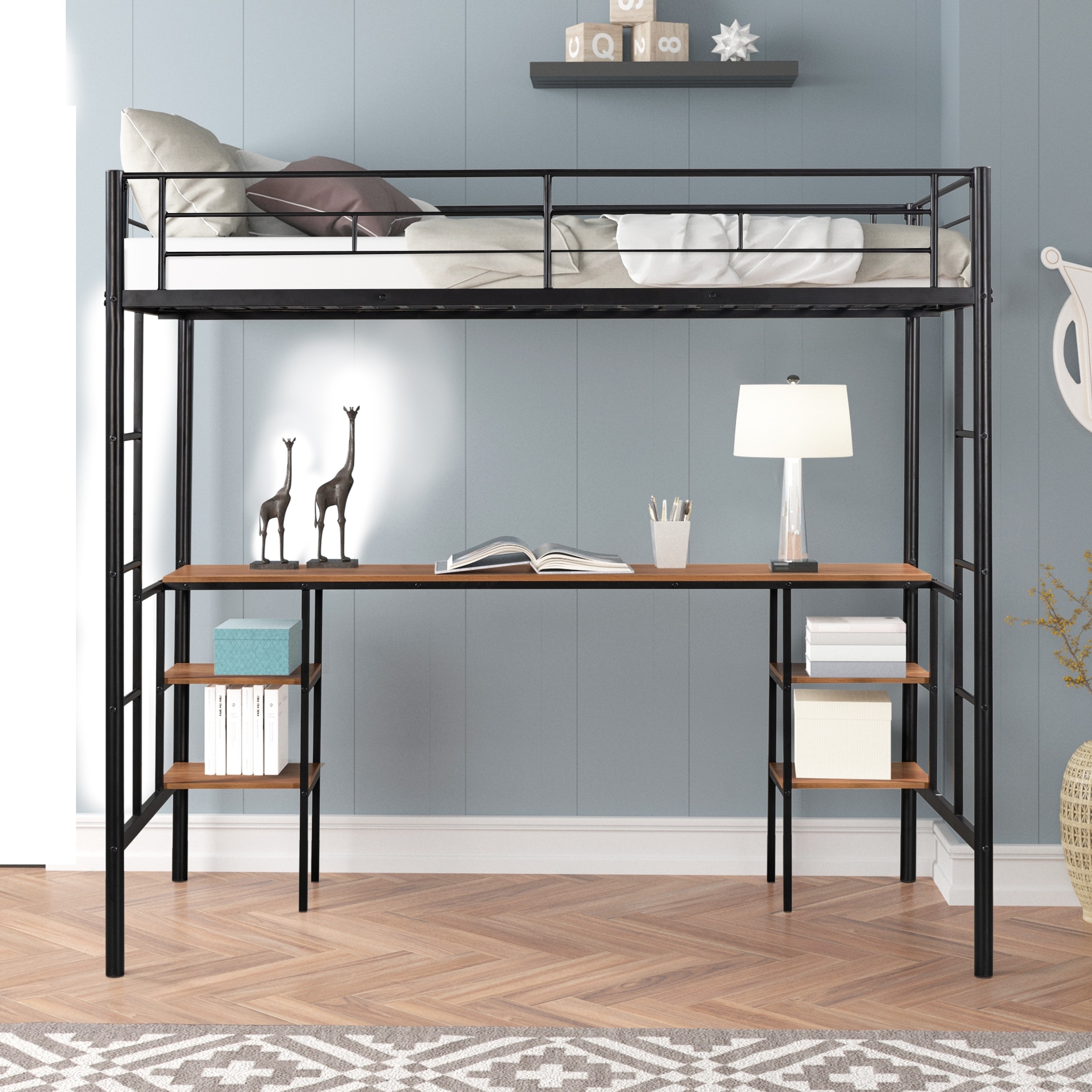 Metal loft 2025 bed with shelves